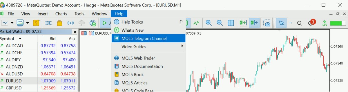 在“帮助”菜单中添加MQL5 Telegram频道的链接。