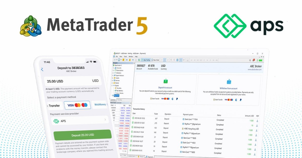 支付服务提供商APS加入MetaTrader 5的内置支付系统